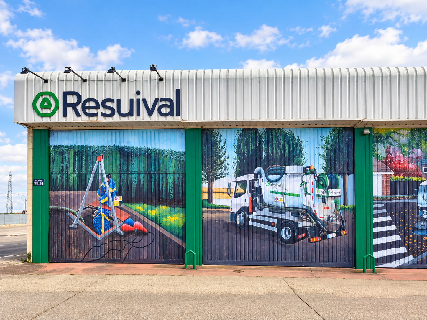 Instalaciones de Resuival en Villares de la Reina (Salamanca), con murales sobre sus servicios de limpieza de alcantarillado.